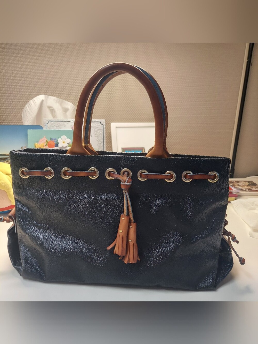 Dooney & Bourke Black Pebble LEATHER Crayon Hearts Y2K VTG Tassel Tote